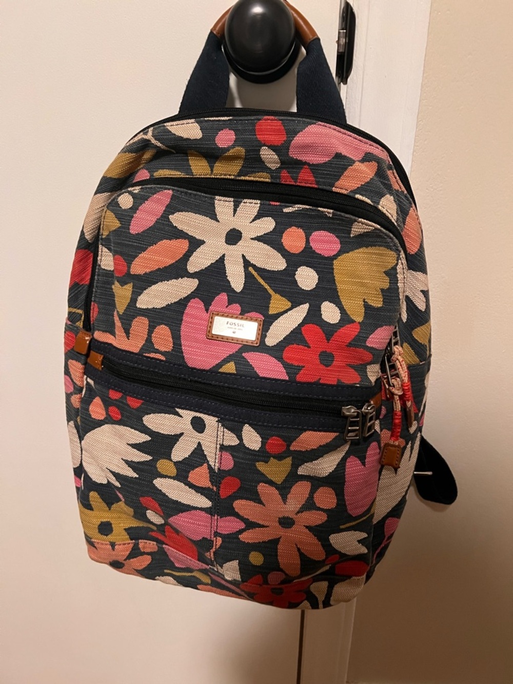 Fossil Navy Floral Canvas Mini Backpack with Pink, Red & Cream Accents